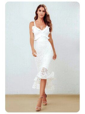 Lady Black Tie White Ruffle Lace Spaghetti Strap Sleeveless Midi Dress sz 4 / S